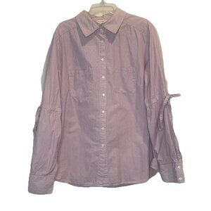 Max Studio Women’s Red Blue Striped Button Up Shirt Tie Accent Long Sleeve Sz XL